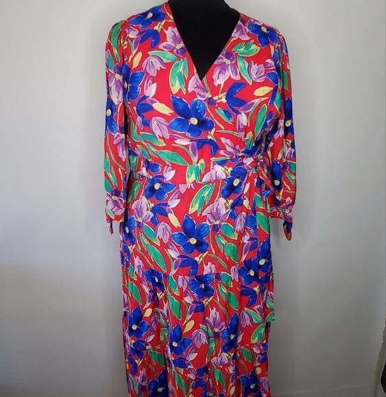 Skies Are Blue Floral Wrap Dress Size 2X Maxi Tiered Tie Sleeve Colorful Party - Picture 16 of 16